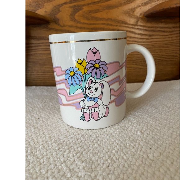 Vintage J.I.I. 1994 Rabbit Bunny Mug with Gold Trim Pastel Flowers - Picture 1 of 9